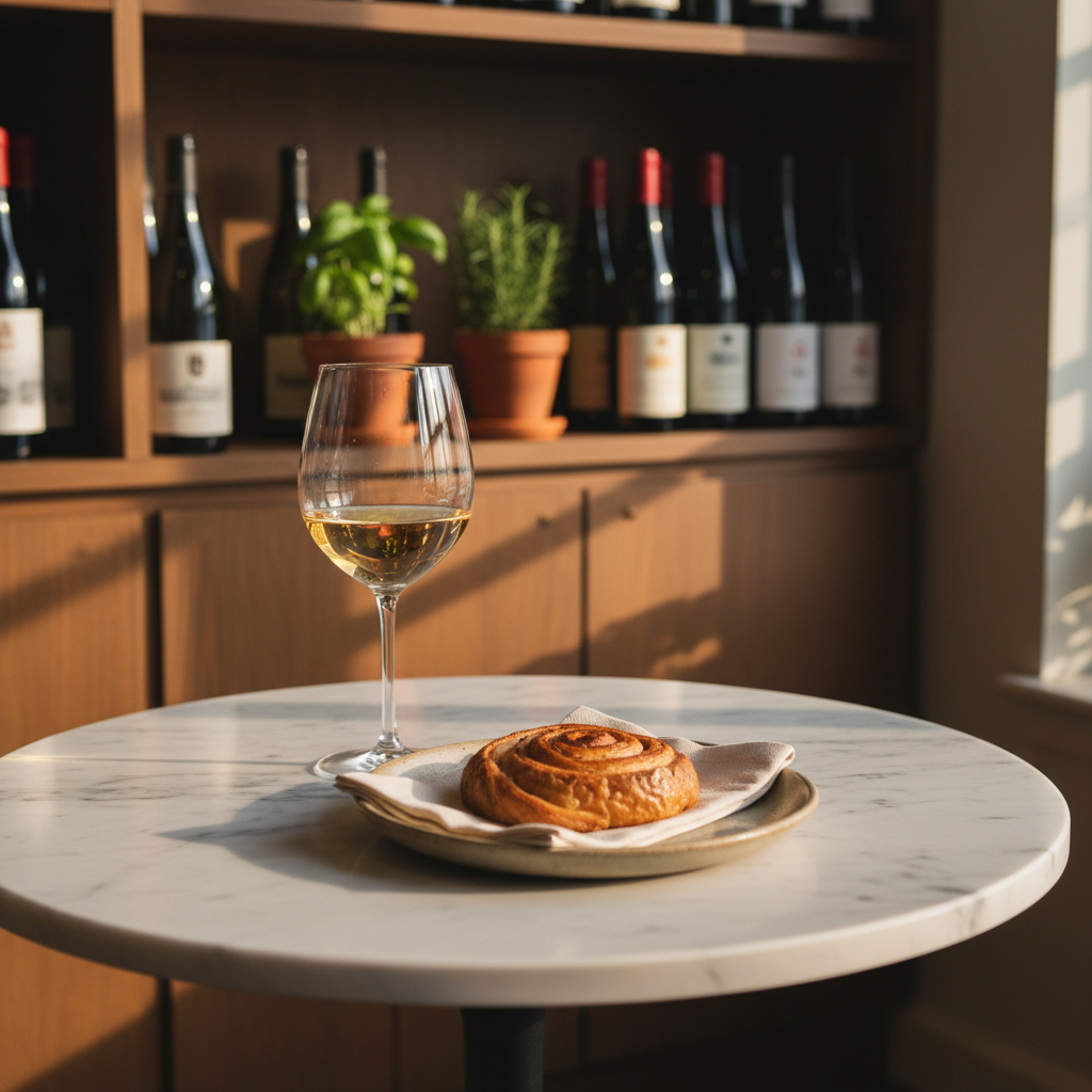 An intimate corner table at Grain de Folie, featuring a small round marble tabletop with a neatly arranged setting: a glass of amber-hued natural wine with slight haze, a simple linen napkin, and a delicate pastry on a matte stoneware plate. In the background, a built-in wooden shelf lined with biodynamic wine bottles and a few potted herbs is softly blurred. Late afternoon sunlight streams through an unseen window, casting gentle patterns and warm highlights across the table. Photographic realism with a shallow depth of field and rule-of-thirds composition, emphasizing understated elegance. The mood is calm, refined, and inviting, suggesting a perfect pause in a Granby neighborhood café for a thoughtful glass of wine and a sweet bite.