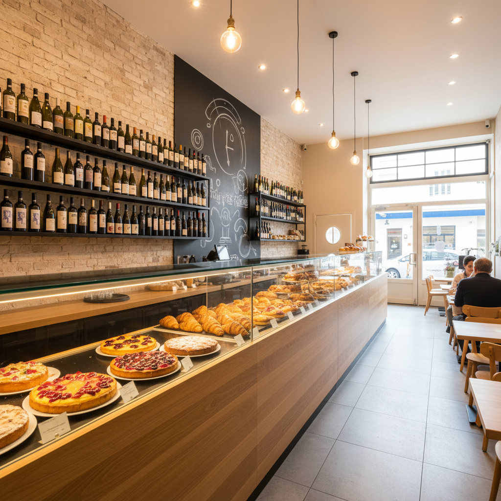 A wide interior view of Grain de Folie showing a long wooden counter with a glass pastry case filled with tarts, croissants, and small cakes, next to a chalkboard-inspired wall where opening hours and contact details are suggested through abstract shapes and lines, without readable text. The space features exposed brick, soft neutral tones, and sleek black metal shelves displaying a curated selection of natural wines. Diffused, warm ambient lighting combined with soft daylight from large front windows creates an enveloping glow. Photographic realism with an eye-level composition and deep depth of field captures the full layout. The mood is friendly and neighborhood-oriented yet distinctly sophisticated, presenting the café as an approachable Granby hub for refined food and drink.