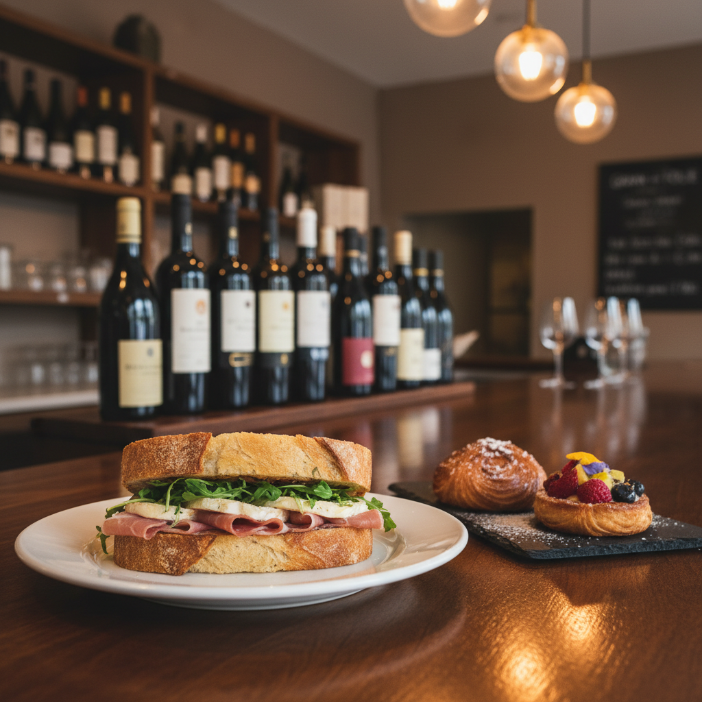 A polished wooden café counter inside Grain de Folie with a pristine white ceramic plate holding an artfully layered sandwich on crusty artisan bread, beside a smaller slate board presenting two refined pastries with delicate toppings. Behind, softly out-of-focus shelves display natural and biodynamic wine bottles with varied shapes and muted labels. Warm pendant lights above cast a golden, intimate glow, creating subtle reflections on the counter’s surface. Photographic realism, shot at a slightly elevated three-quarter angle with shallow depth of field, highlighting the textures of bread, flaky pastry layers, and glass. The mood is sophisticated yet casual, conveying a cozy Granby neighborhood spot where gourmet flavors and fine wines meet in a welcoming atmosphere.