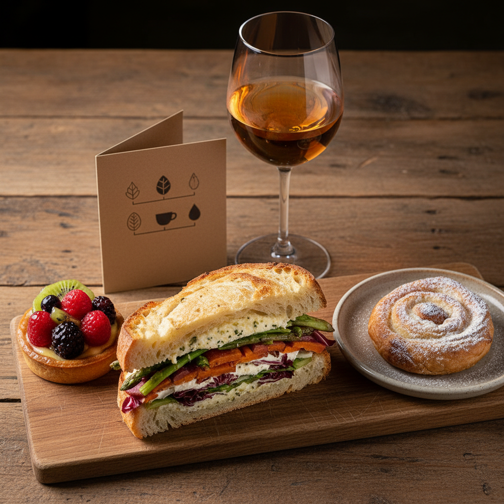 A close-up, overhead photographic view of a curated tasting board at Grain de Folie, arranged on a rustic wooden table: a sliced gourmet sandwich with colorful seasonal fillings, a petite tart with glossy fruit, a small flaky pastry, and a stemmed glass of orange-hued natural wine. Nearby, a folded kraft card with abstract icon-like shapes subtly hints at contact information without readable text. Soft, indirect lighting from the side creates gentle shadows and highlights the textures of bread crust, pastry layers, and wine surface. Photographic realism with carefully balanced composition and moderate depth of field keeps every element sharp. The mood is refined yet approachable, evoking a carefully considered pairing experience in a warm Granby neighborhood café.
